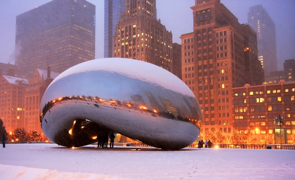 The Bean in Chicago covered in snow