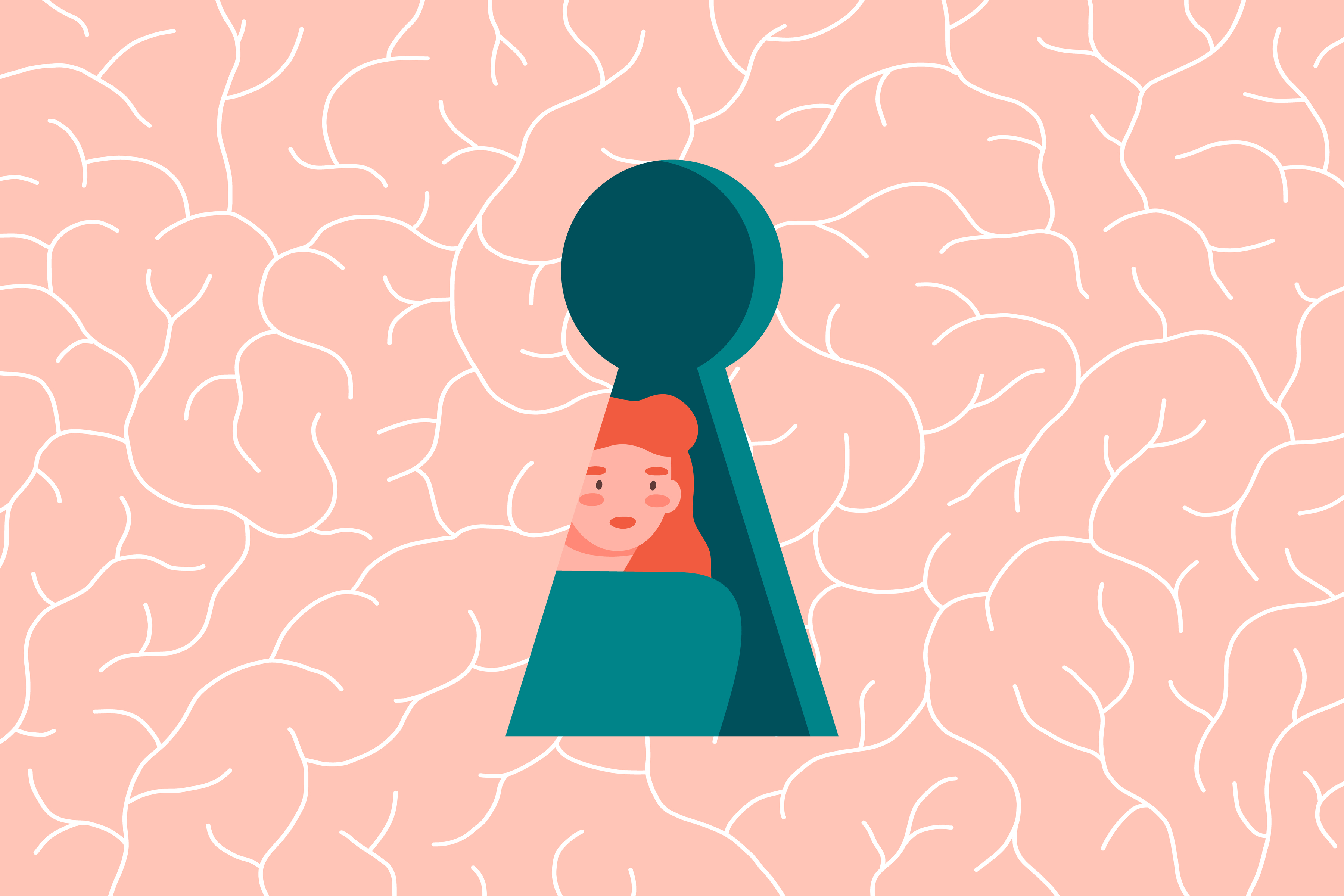 Chicago tech B2B sales illustration of a person looking out a keyhole inside of a pink brain